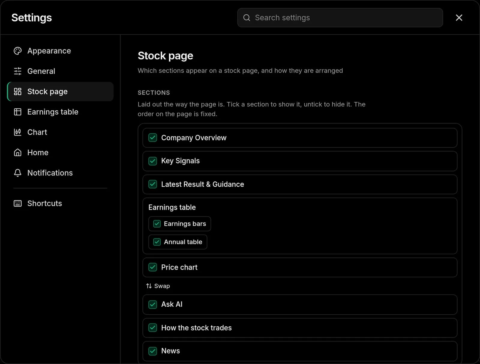 Settings, Stock page: tick a section to show it, untick to hide it