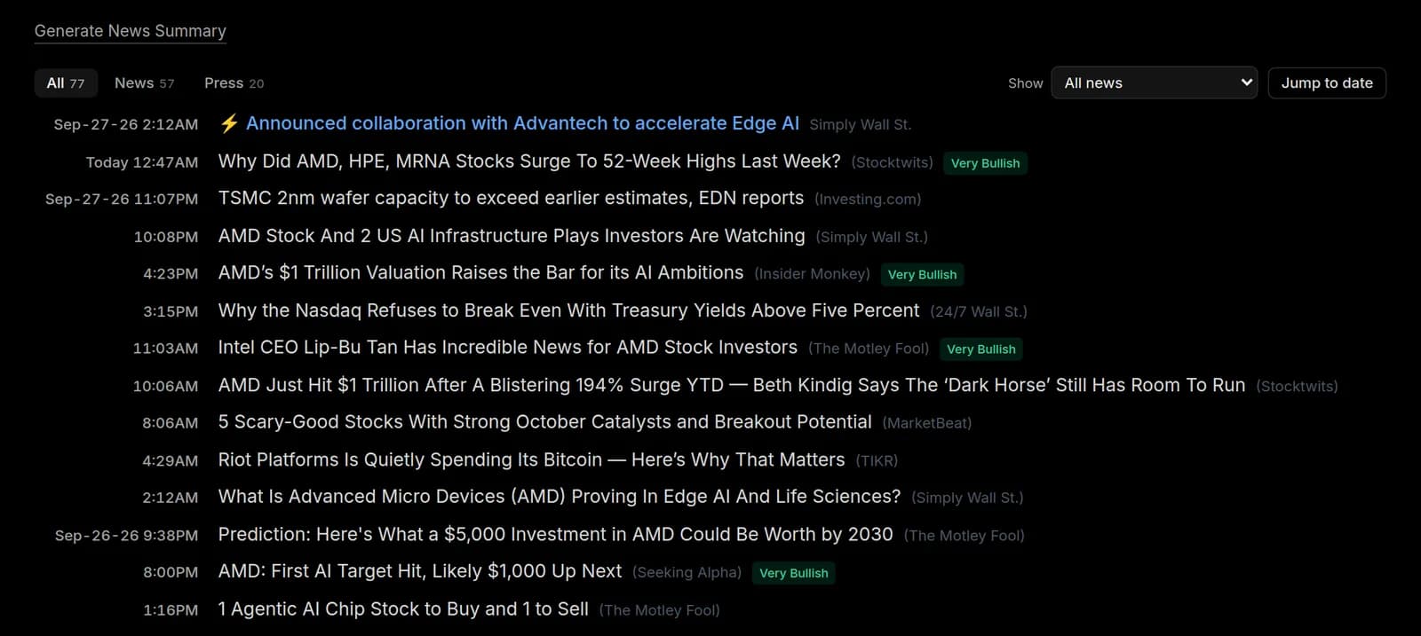 The news feed on a stock page