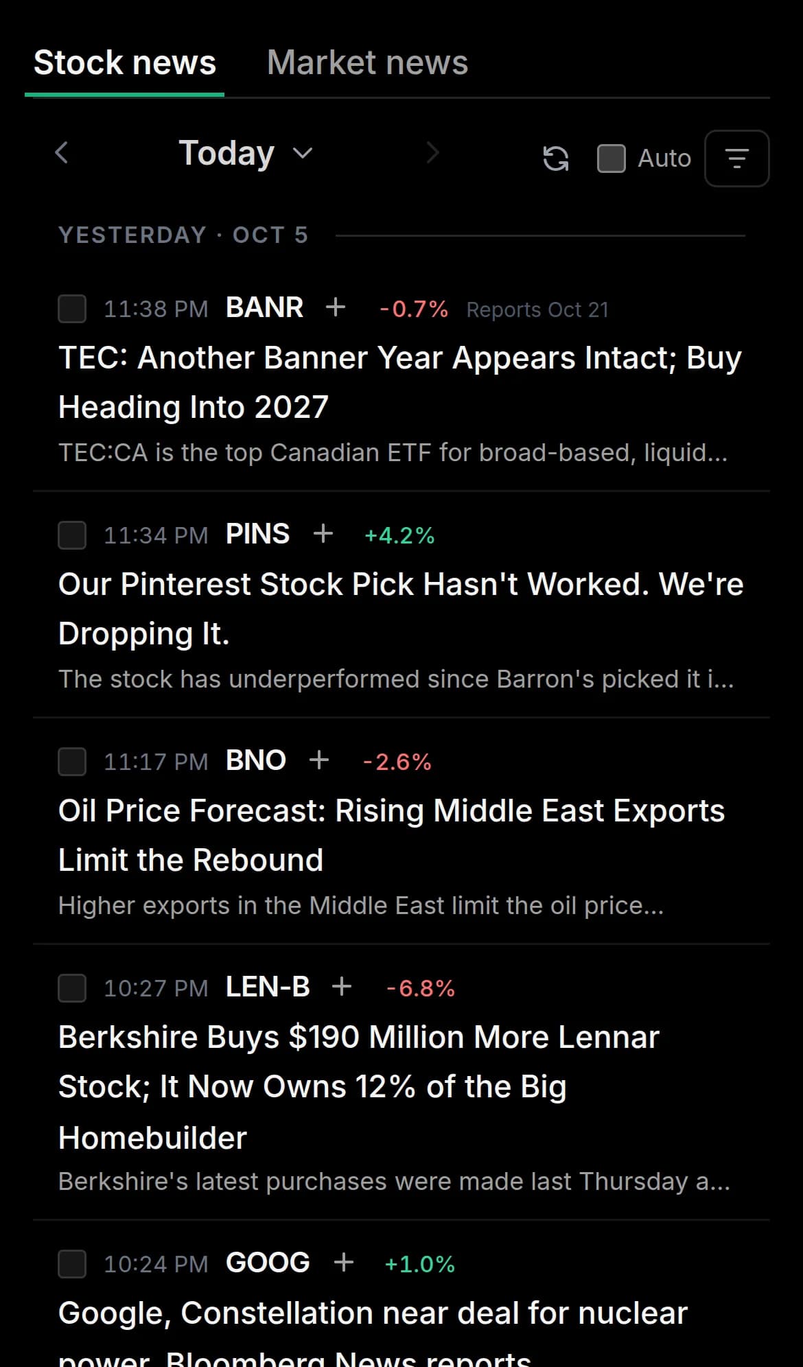 EarningSpike news on a phone: timestamped headlines, each tagged with its stock and the day’s move.