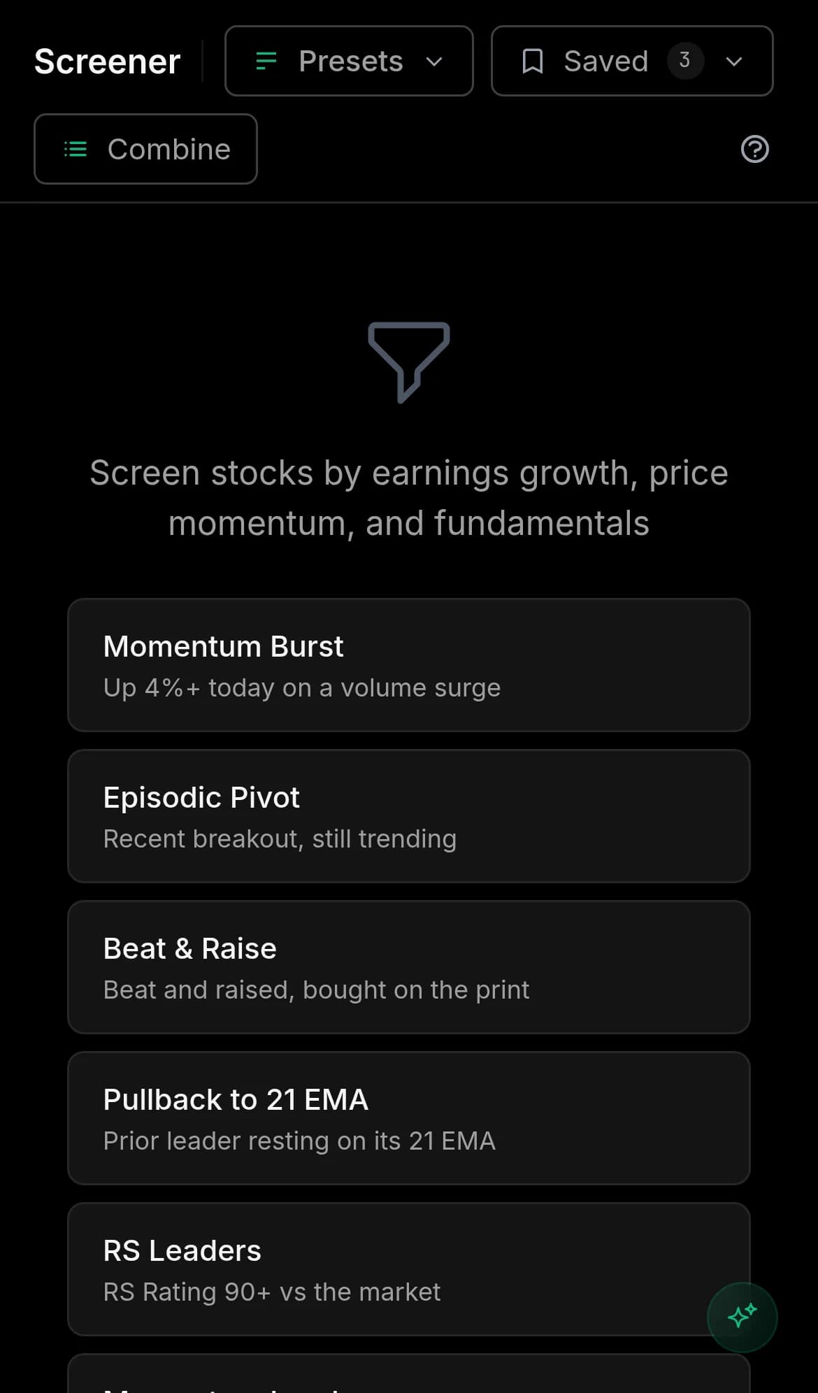 The EarningSpike screener on a phone: a list of ready-made screens such as Momentum Burst, Episodic Pivot and Beat and Raise.